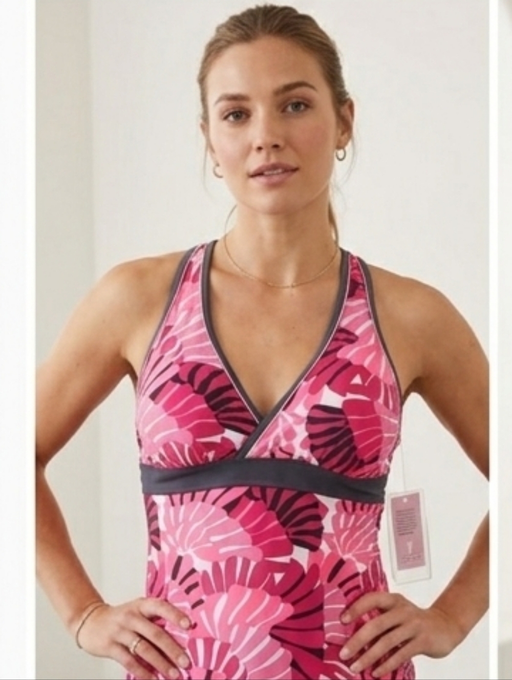 New Free Country XL Pink Tropical Leaf Print Tankini/ Yoga Top Sz 16